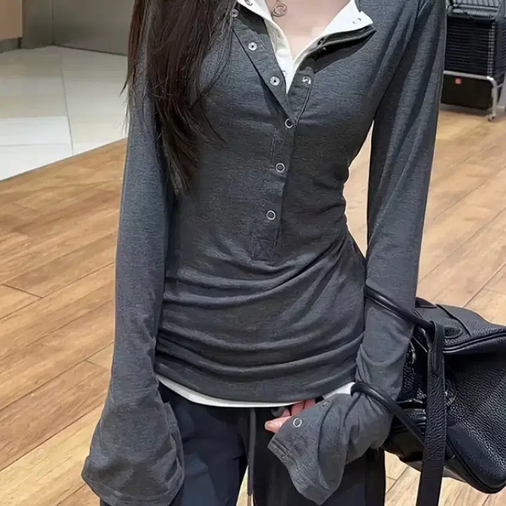 [BUNJANG] Charcoal Color Block Henley Neck Long Sleeve T-shirt / (새상품) 차콜 배색 카라 헨리넥 긴팔티 에이블리