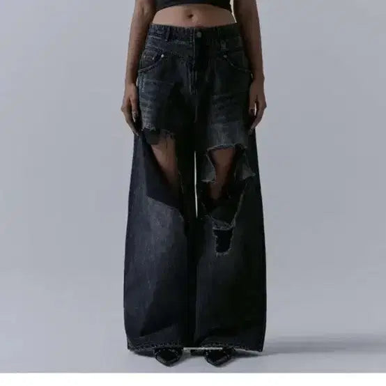 [BUNJANG] Triming Bird Flip Damage Black Denim Pants Size 1 / 새상품) 트리밍버드 플립 데미지 블랙 데님 팬츠 1사이즈