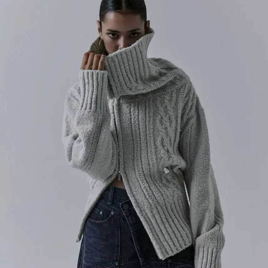 [BUNJANG] trimmingbird Two-Way Asymmetric Off-Shoulder Knit Zip-Up / 트리밍버드 투웨이 언발 오프숄더 니트집업