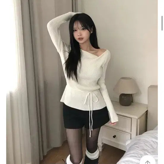 [BUNJANG] Choker Ribbed Long Sleeve Knit Top / 허리끈 초커 골지 긴팔 니트