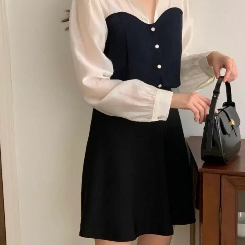 [BUNJANG] See-through Color-Block Collar Blouse / 시스루 배색 카라 블라우스