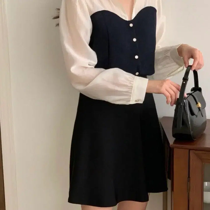 [BUNJANG] See-through Color-Block Collar Blouse / 시스루 배색 카라 블라우스