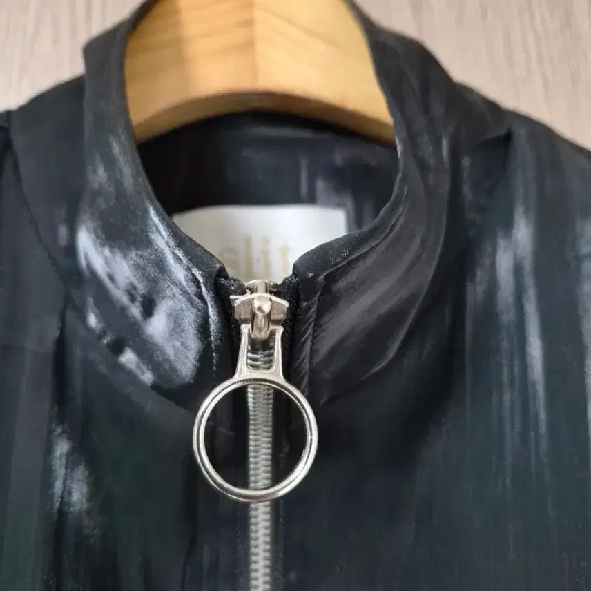 [BUNJANG] Slit Sheer Black Crop Ring Zipper Glossy Puff Blouse Jacket / slit 쉬어 블랙 크롭 링 지퍼  글로시 퍼프 블라우스 자켓 55