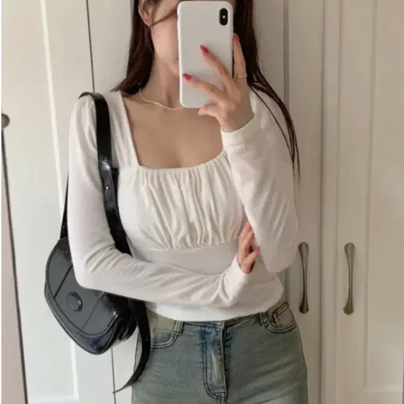 [BUNJANG] On My One Riti Square Neck Shirring Puff Crop T-Shirt / 온마이원 리티 스퀘어넥 셔링 퍼프 크롭 티셔츠