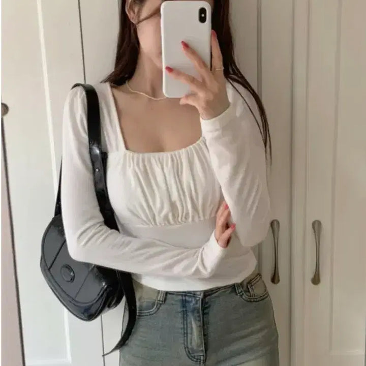 [BUNJANG] On My One Riti Square Neck Shirring Puff Crop T-Shirt / 온마이원 리티 스퀘어넥 셔링 퍼프 크롭 티셔츠