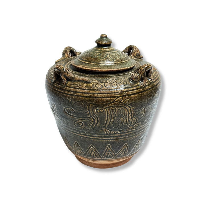 [BUNJANG] Chinese Celadon Porcelain Jar with Fish and Gecko Motif / 어해문 도롱뇽 첩부 유개호 [중국도자기]