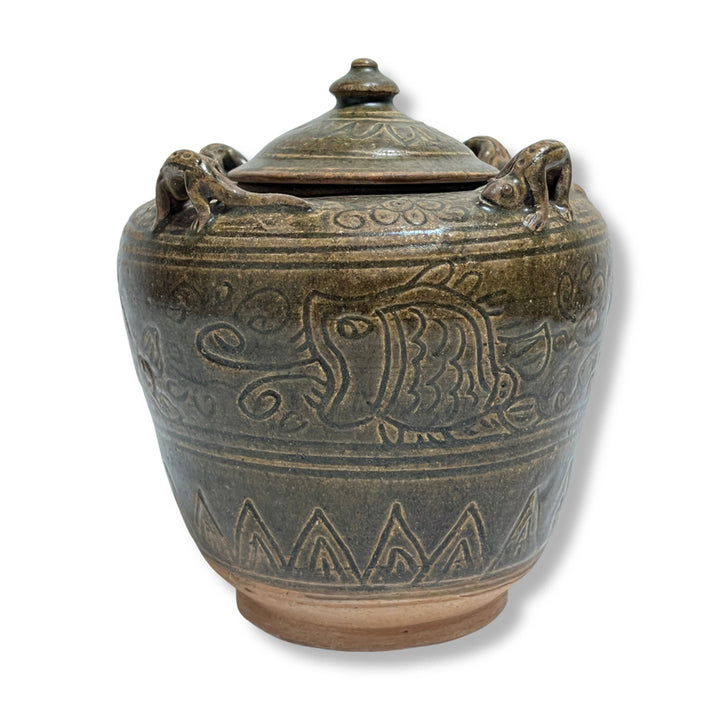 [BUNJANG] Chinese Celadon Porcelain Jar with Fish and Gecko Motif / 어해문 도롱뇽 첩부 유개호 [중국도자기]