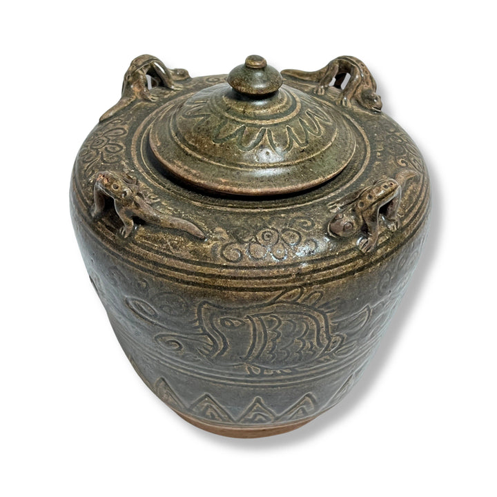 [BUNJANG] Chinese Celadon Porcelain Jar with Fish and Gecko Motif / 어해문 도롱뇽 첩부 유개호 [중국도자기]