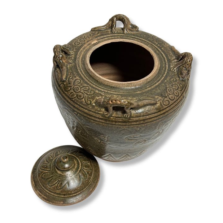 [BUNJANG] Chinese Celadon Porcelain Jar with Fish and Gecko Motif / 어해문 도롱뇽 첩부 유개호 [중국도자기]
