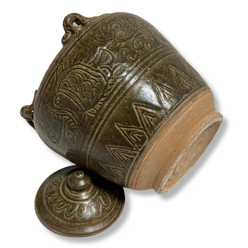 [BUNJANG] Chinese Celadon Porcelain Jar with Fish and Gecko Motif / 어해문 도롱뇽 첩부 유개호 [중국도자기]