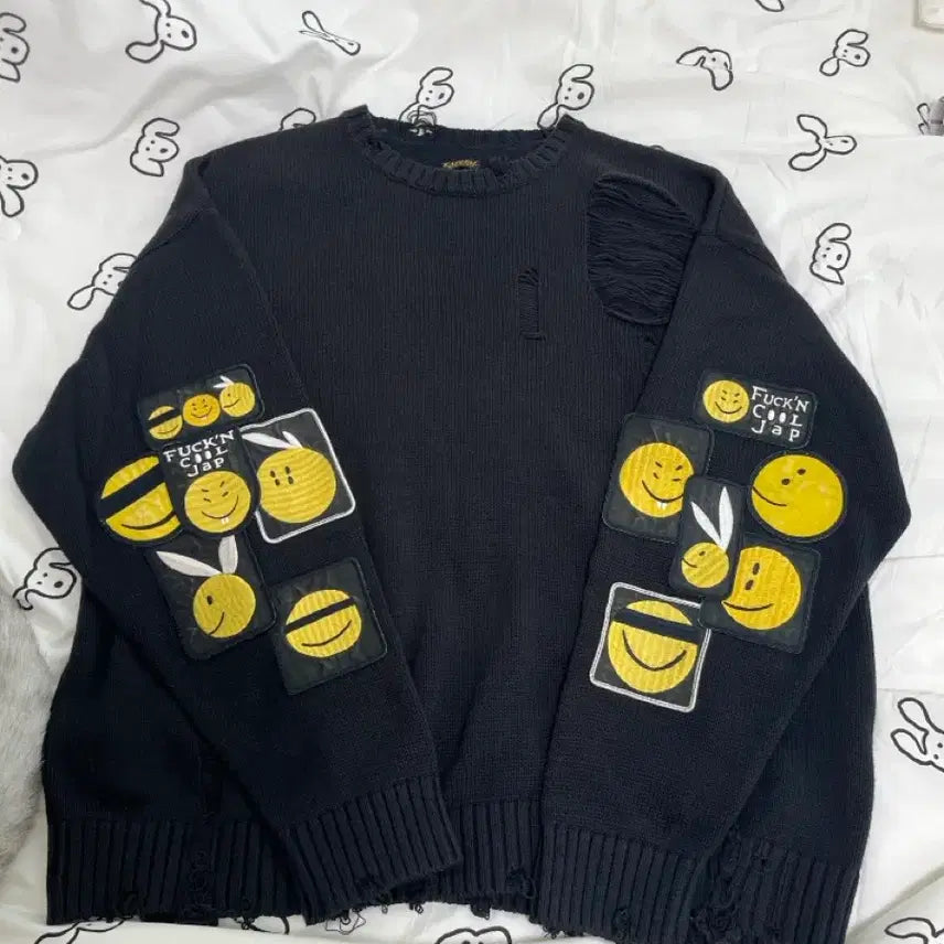 [BUNJANG] Kapital 5G Cotton Knit Crew Sweater Anarchy Rainbow Remake Black / kapital5G 코튼 니트 크루 스웨터 아나키 레인보위 리메이크 블랙