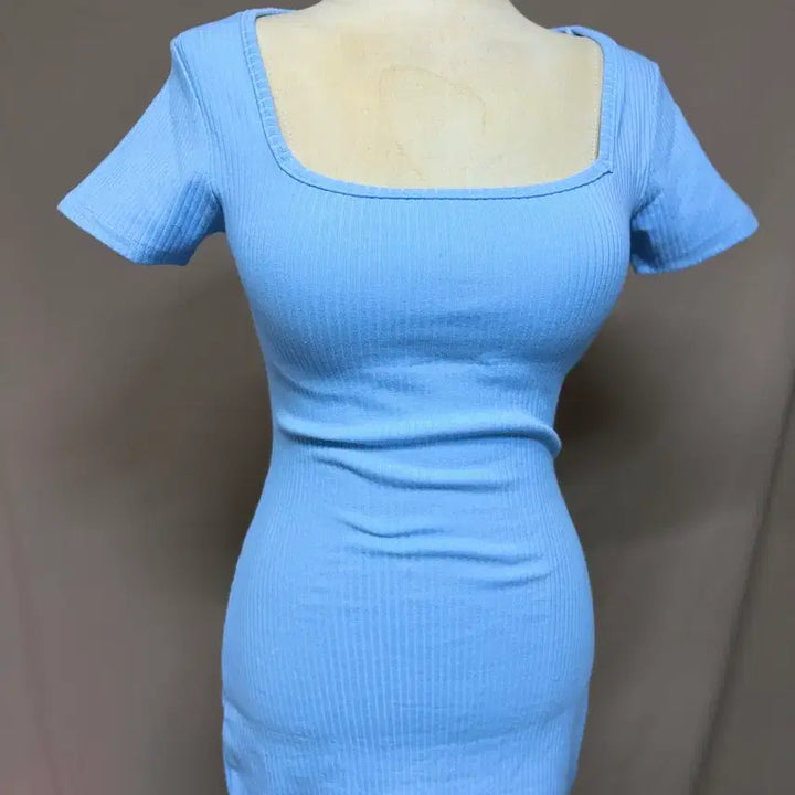 [BUNJANG] Unbranded Ribbed Square Neck Mini Dress - Sky Blue (Size 66) / 골지 스퀘어넥 미니 원피스 하늘색66
