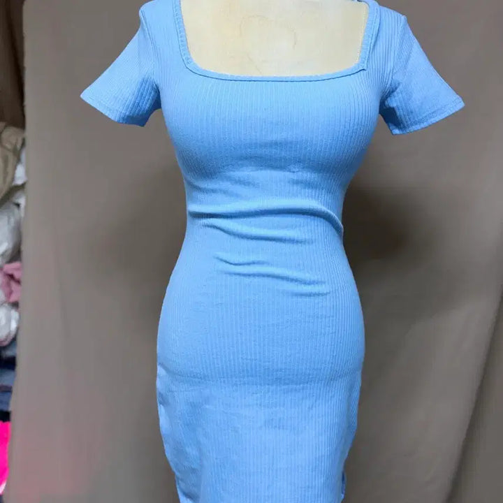 [BUNJANG] Unbranded Ribbed Square Neck Mini Dress - Sky Blue (Size 66) / 골지 스퀘어넥 미니 원피스 하늘색66