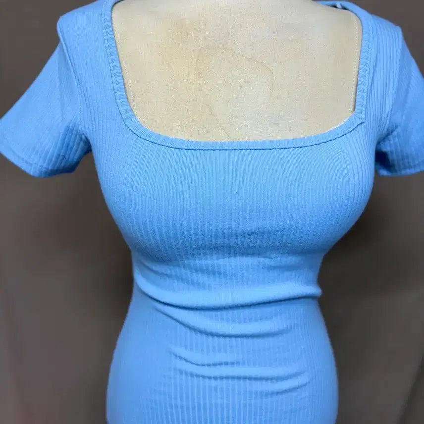 [BUNJANG] Unbranded Ribbed Square Neck Mini Dress - Sky Blue (Size 66) / 골지 스퀘어넥 미니 원피스 하늘색66
