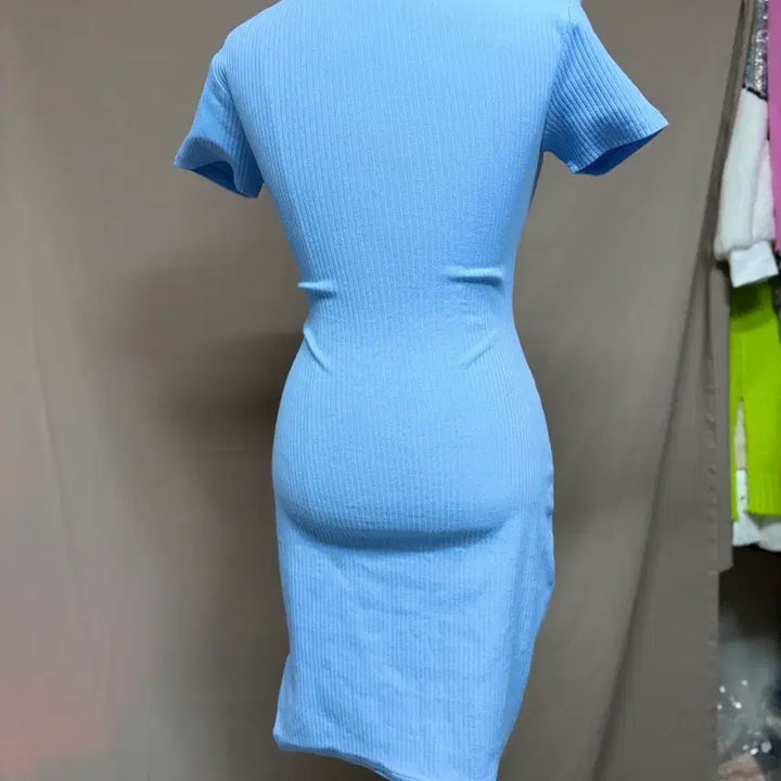 [BUNJANG] Unbranded Ribbed Square Neck Mini Dress - Sky Blue (Size 66) / 골지 스퀘어넥 미니 원피스 하늘색66