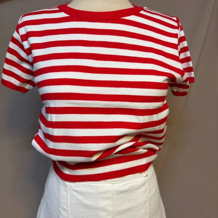 [BUNJANG] Red White Stripe Knit Top (S Size) / 레드 화이트 스트라이프 반팔 니트s