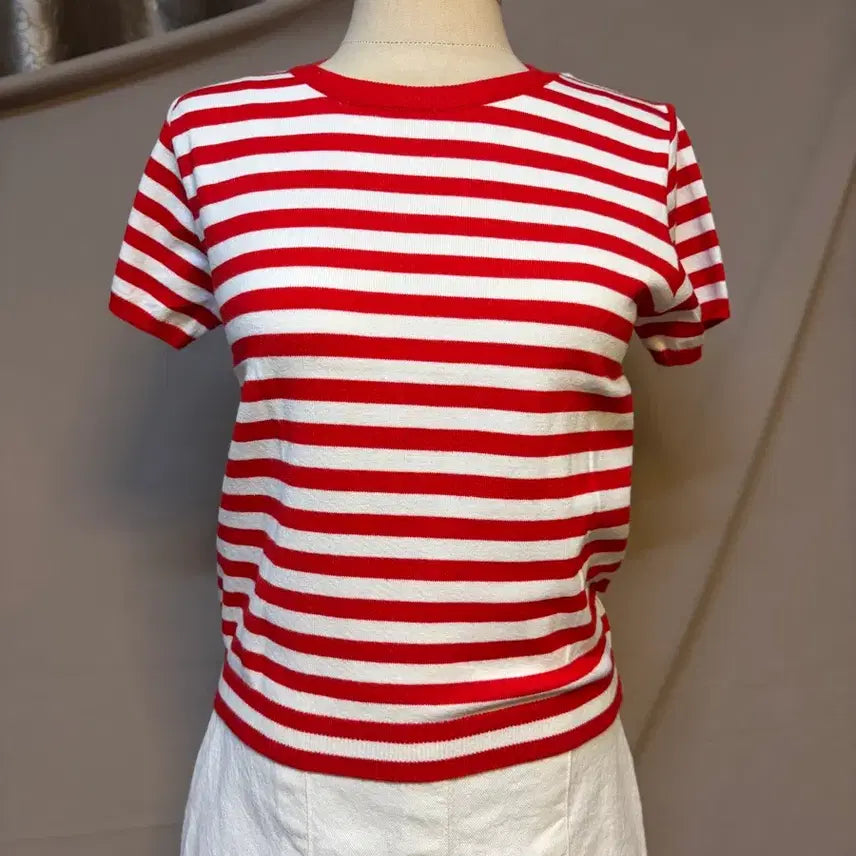 [BUNJANG] Red White Stripe Knit Top (S Size) / 레드 화이트 스트라이프 반팔 니트s