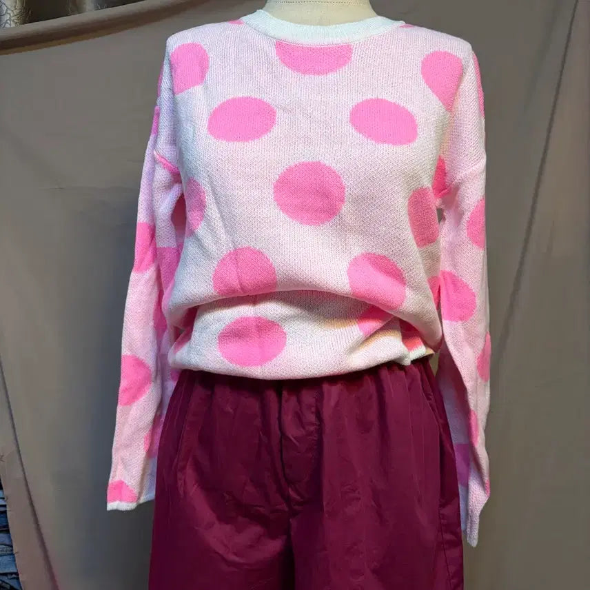 [BUNJANG] Pink Polka Dot Knit Sweater / 형광 핑크 땡땡이 고퀄니트