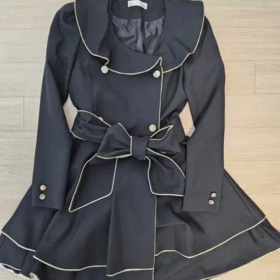 [BUNJANG] Black Ribbon Belt Line Coat Dress / 블랙 리본 벨트 라인 코트 원피스