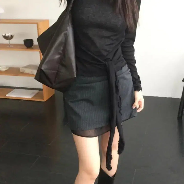[BUNJANG] Pin-stripe Layered Skirt - Black M / 핀스트라이프 레이어 스커트-블랙M 새상품