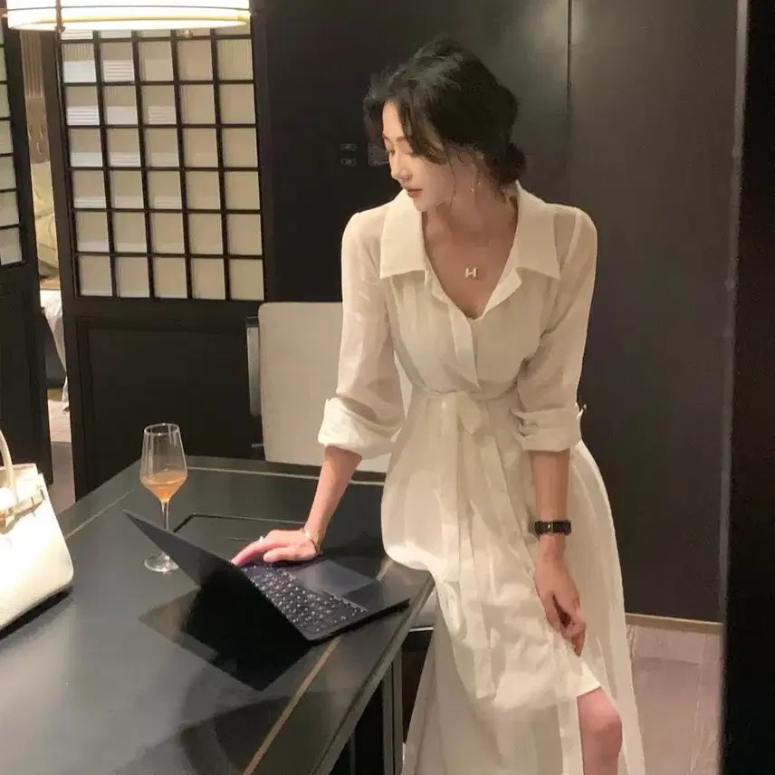 [BUNJANG] Loose Fit White Pleated Pintuck Shirt Dress / 루즈핏 화이트 플리츠 핀턱 셔츠 원피스 (이너 원피스 포함)