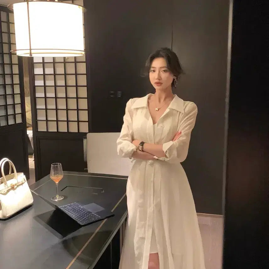[BUNJANG] Loose Fit White Pleated Pintuck Shirt Dress / 루즈핏 화이트 플리츠 핀턱 셔츠 원피스 (이너 원피스 포함)
