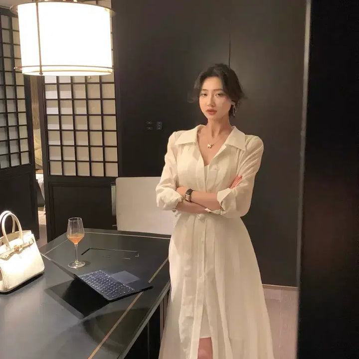[BUNJANG] Loose Fit White Pleated Pintuck Shirt Dress / 루즈핏 화이트 플리츠 핀턱 셔츠 원피스 (이너 원피스 포함)