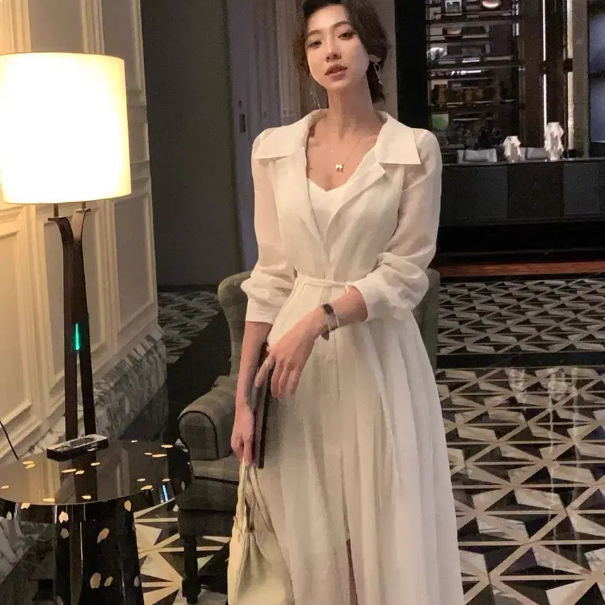 [BUNJANG] Loose Fit White Pleated Pintuck Shirt Dress / 루즈핏 화이트 플리츠 핀턱 셔츠 원피스 (이너 원피스 포함)