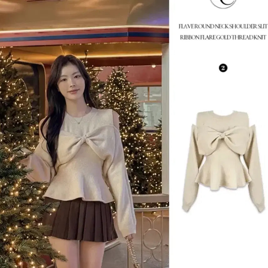 [BUNJANG] Off-shoulder Ribbon Flare Knit Top and Brown Skirt Set / [새상품] 오프숄더리본플레어니트+ 브라운치마 셋업