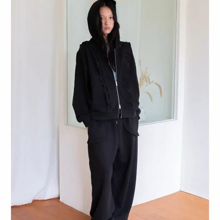 [BUNJANG] YAHN SISI Frill Hooded Zip-up Set Black / 미착용) YAHN SISI 얀시시 프릴 후드 집업 세트 블랙