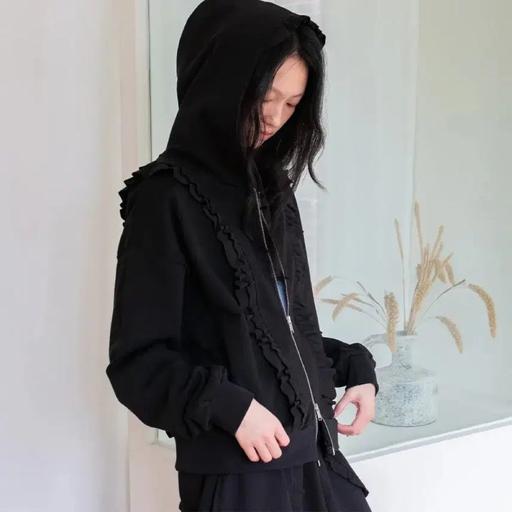 [BUNJANG] YAHN SISI Frill Hooded Zip-up Set Black / 미착용) YAHN SISI 얀시시 프릴 후드 집업 세트 블랙