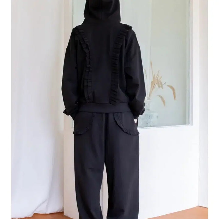 [BUNJANG] YAHN SISI Frill Hooded Zip-up Set Black / 미착용) YAHN SISI 얀시시 프릴 후드 집업 세트 블랙