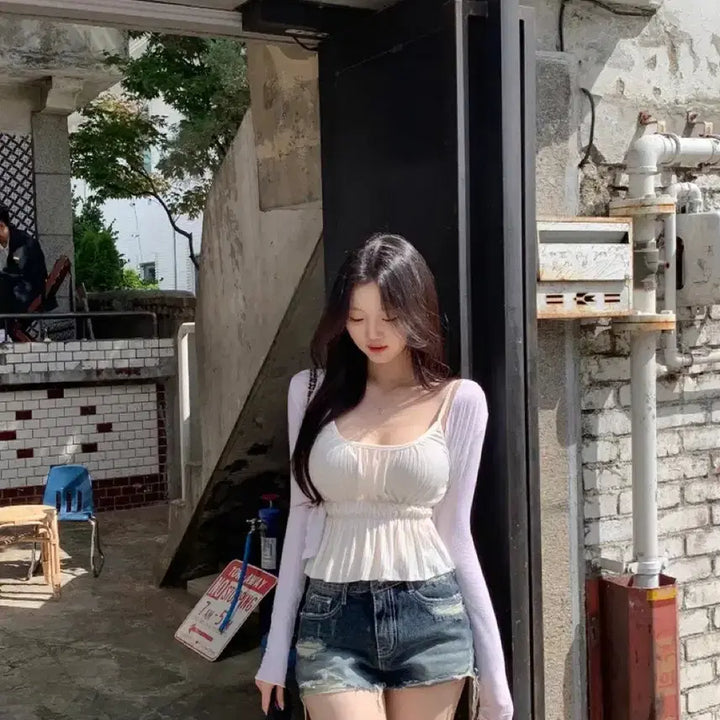 [SOLD OUT] 잔느 맘에쏙 플리츠 프릴 나시 아이보리 새상품