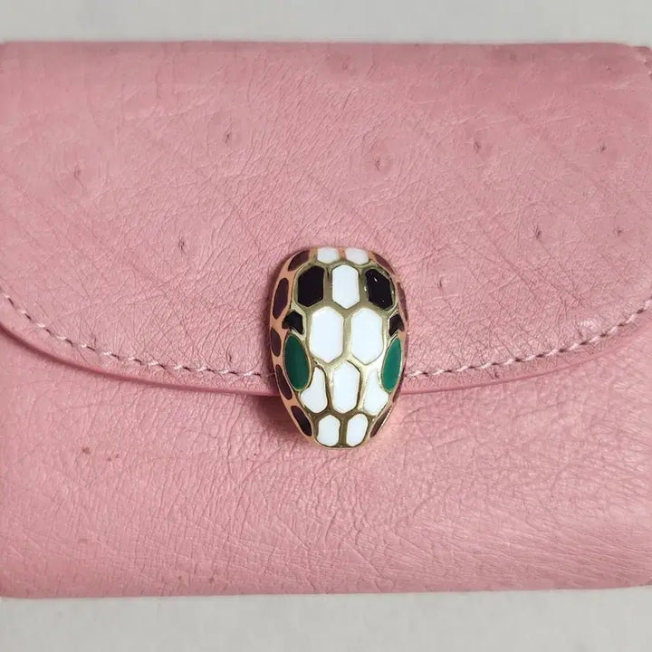 [BUNJANG] Pink Ostrich Leather Card Wallet with Snake Head Ornament / 핑크색 뱀 머리 장식 타조가죽 카드지갑(새상품 진짜가죽)