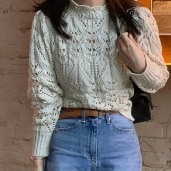[BUNJANG] Lace See-through Cable Knit Cream Sweater / 레이스 시스루 꽈배기 니트 크림