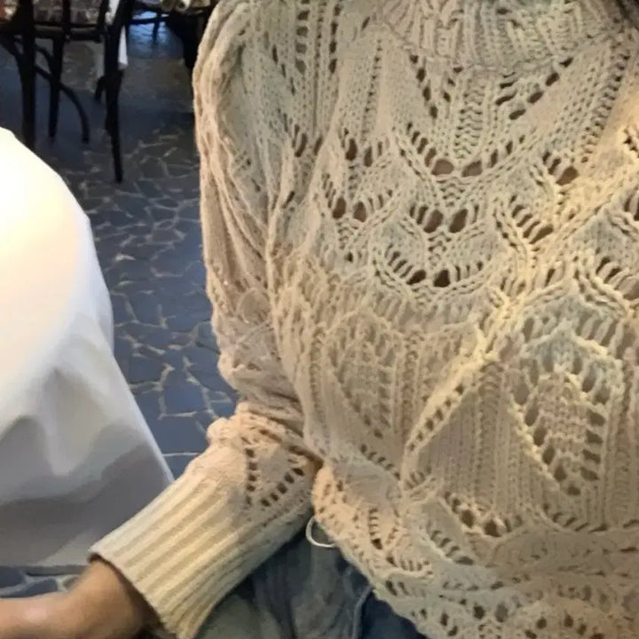[BUNJANG] Lace See-through Cable Knit Cream Sweater / 레이스 시스루 꽈배기 니트 크림