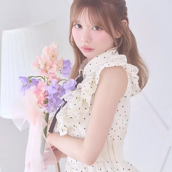 [SOLD OUT] 미셸마카롱 도트 프릴 티어드 롱 반팔 원피스