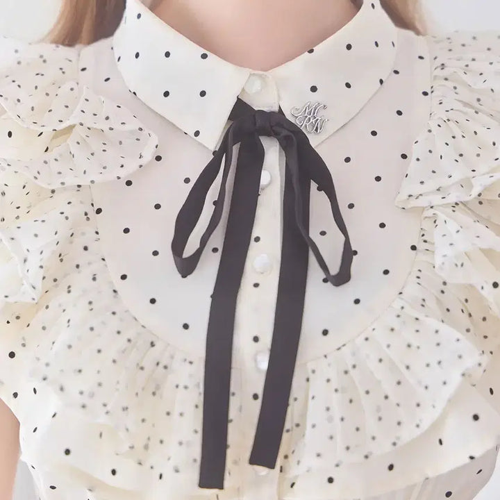 [SOLD OUT] 미셸마카롱 도트 프릴 티어드 롱 반팔 원피스