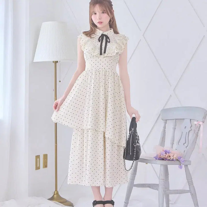 [SOLD OUT] 미셸마카롱 도트 프릴 티어드 롱 반팔 원피스