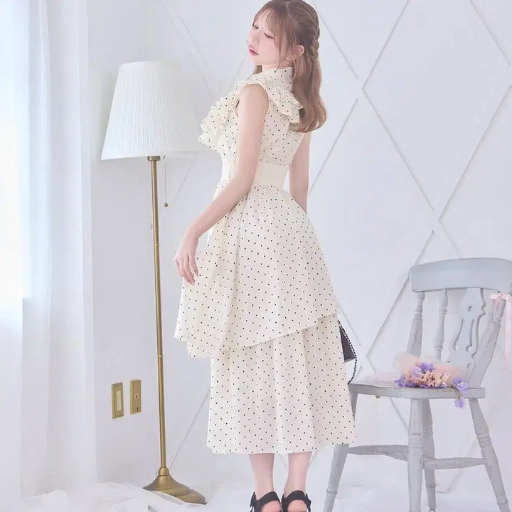 [SOLD OUT] 미셸마카롱 도트 프릴 티어드 롱 반팔 원피스