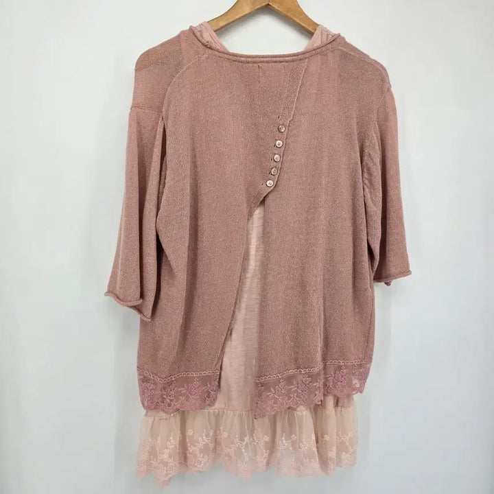 [BUNJANG] Pink Lace Layered Top and Dress Set / 레이스 핑크 상의/원피스 레이어드 세트