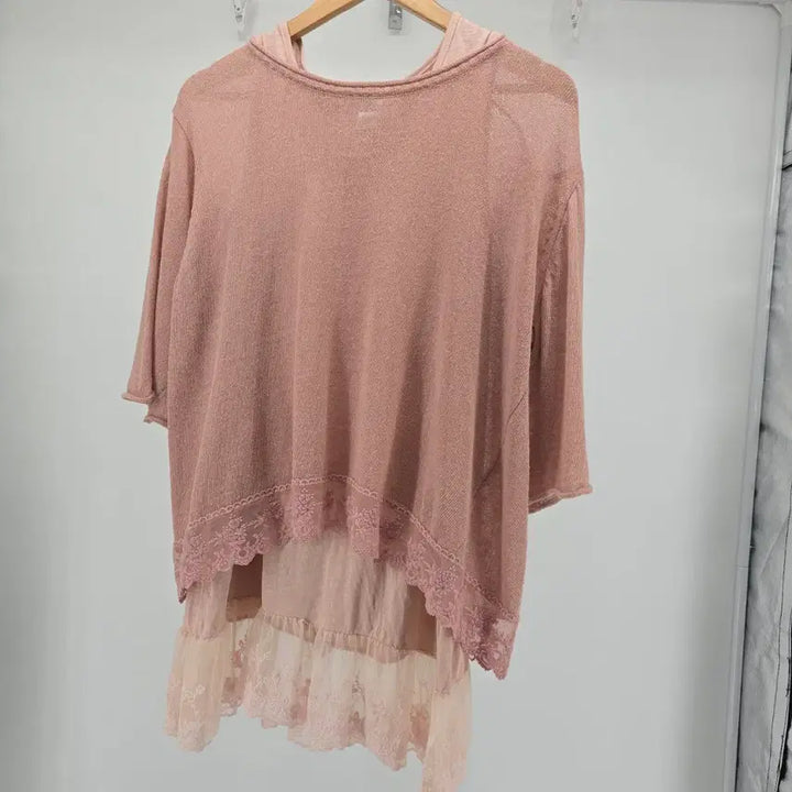 [BUNJANG] Pink Lace Layered Top and Dress Set / 레이스 핑크 상의/원피스 레이어드 세트