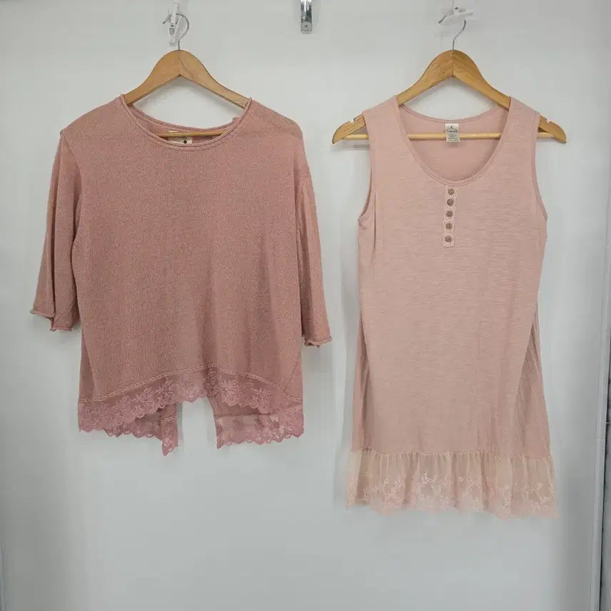 [BUNJANG] Pink Lace Layered Top and Dress Set / 레이스 핑크 상의/원피스 레이어드 세트