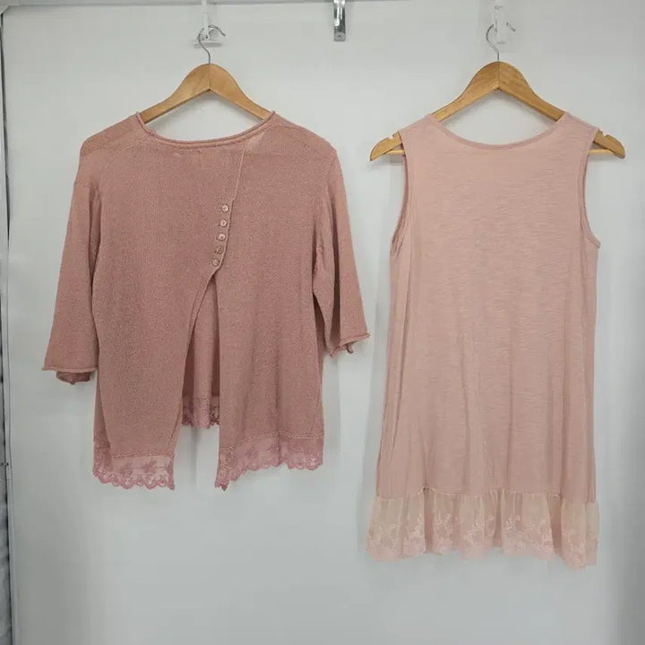 [BUNJANG] Pink Lace Layered Top and Dress Set / 레이스 핑크 상의/원피스 레이어드 세트