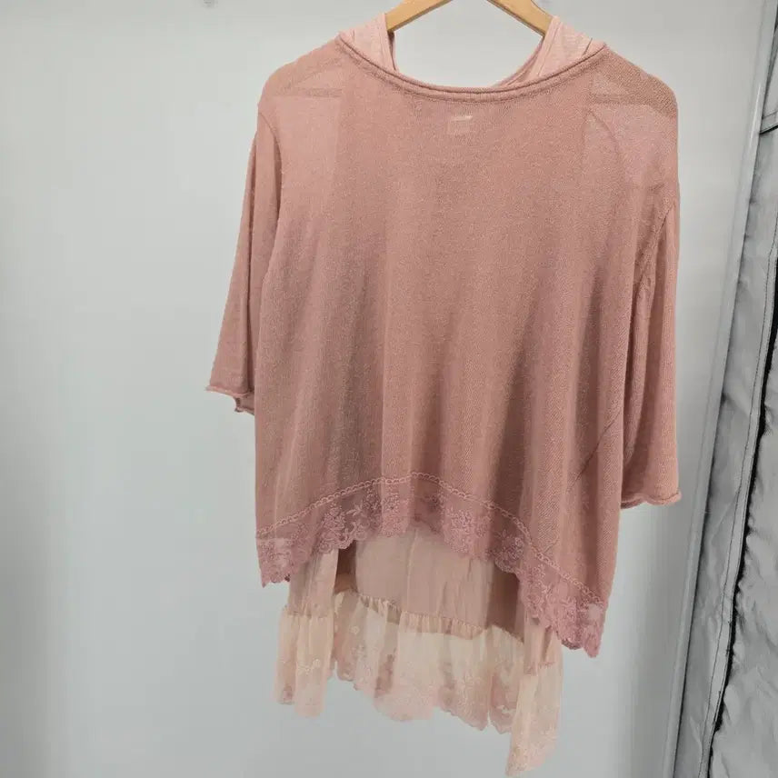 [BUNJANG] Pink Lace Layered Top and Dress Set / 레이스 핑크 상의/원피스 레이어드 세트