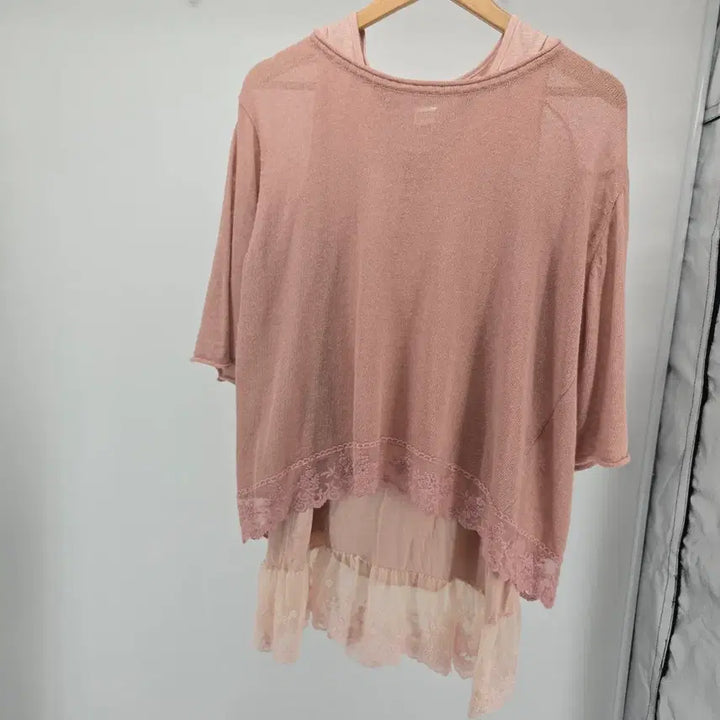 [BUNJANG] Pink Lace Layered Top and Dress Set / 레이스 핑크 상의/원피스 레이어드 세트