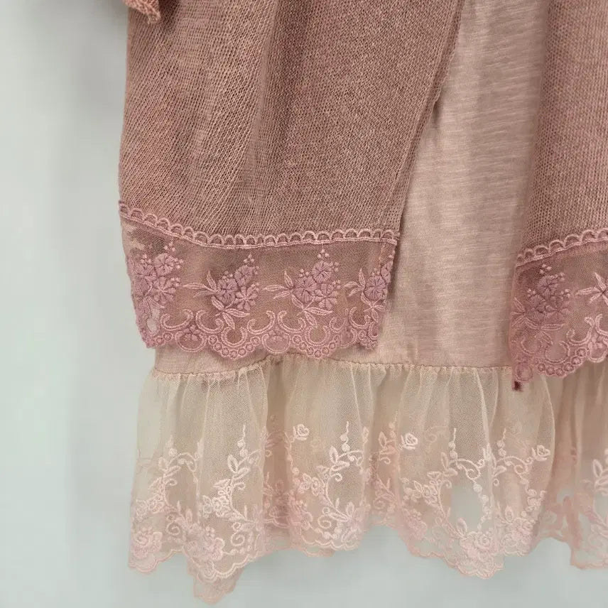 [BUNJANG] Pink Lace Layered Top and Dress Set / 레이스 핑크 상의/원피스 레이어드 세트