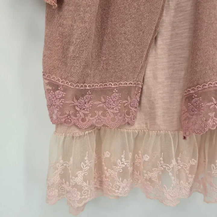 [BUNJANG] Pink Lace Layered Top and Dress Set / 레이스 핑크 상의/원피스 레이어드 세트