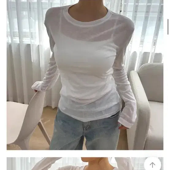[SOLD OUT] 새상품) MOB) 베이직 루즈핏 라운드넥 시스루 롱슬리브 티셔츠 (화이트