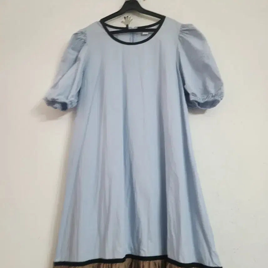 [BUNJANG] Sky Blue Long Dress Puff Sleeve / 하늘색 배색 롱 원피스 퍼프소매